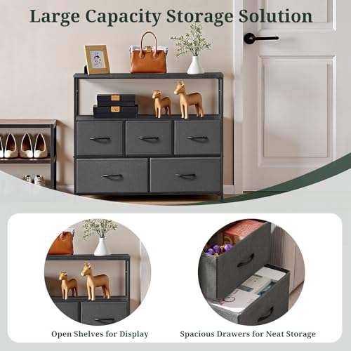 TV Stand, 5 Fabric Drawers Entertainment Center for TV up to 45 inch Wooden Media Console Table with Open Shelf, for Living Room, or Small Space, Gray
