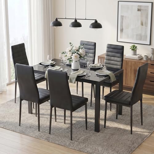 Glass Dining Table Sets for 6, 7 Piece Kitchen Table and Chairs Set for 6 Person, PU Leather Modern Dining Room Sets for Home, Kitchen, Living Room