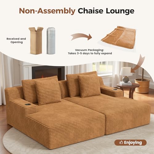 80'' Double Chaise Lounge Chair Indoor, Non-Assembly Deep Seat Sofa with Cup Holders Boneless Bed with 4pcs Pillows for Living Room Bedroom, Camel-Corduroy