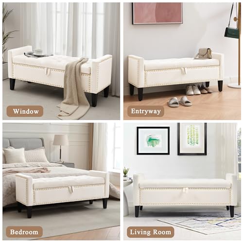 Velvet Storage Ottoman Bench, 46'' Upholstered Button Tufted End of Bed Bench, Modern Entryway Ottoman Bench with Arms, Beige