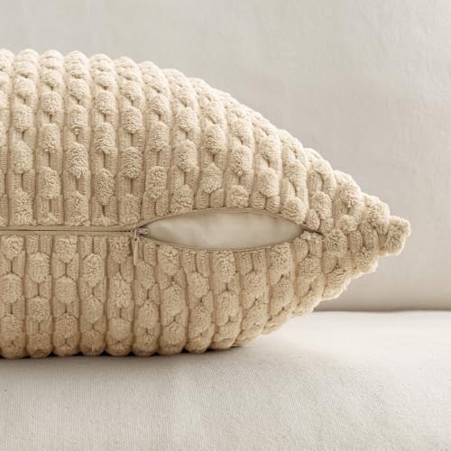 Pack of 2 Decorative Throw Pillow Covers 18x18 Inch Soft Boho Striped Textured Corduroy Pillow Covers Modern Farmhouse Home Decor for Couch Bed Sofa Living Room Beige