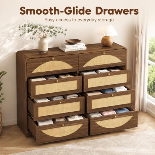 Rattan Dresser for Bedroom,59" Modern Closet Dressers Chest with 8 Drawers,Boho TV Stand for for Bedroom,Living Room,Hallway