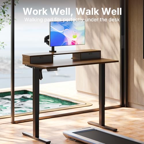 40 x 24 inch Small Electric Standing Desk with 2 Drawers, C-Clamp Mount Compatible, Height Adjustable Sit Stand Desk, Home Office Stand Up Desk with 4 Memory Height Settings, Walnut