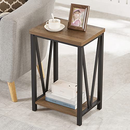 Side Table with Storage Shelf, Rustic End Table for Living Room, Wood and Metal Nightstand for Bedroom, Oak