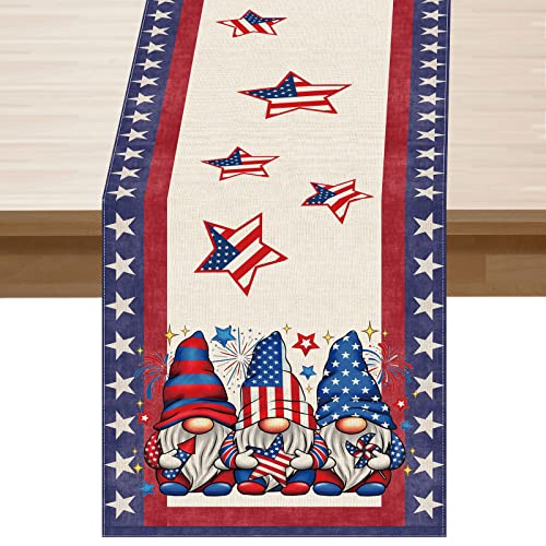 Gnome Stars Patriotic America Memorial Day 4th of July Table Runner Table Decoration for Party Home Kitchen Dining Holiday Decor 13x72 Inch