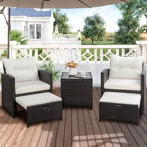 5 Pieces Patio Furniture Set, Outdoor Wicker Patio Conversation Set with Ottoman, All Weather Rattan Outside Chairs with Coffee Table & Cushion for Porch, Garden, Backyard, Beige