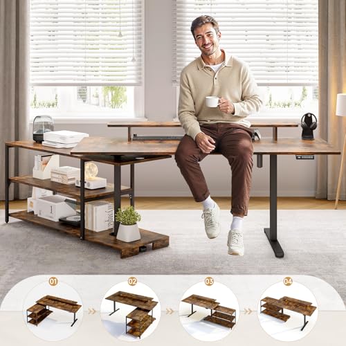 L Shaped Standing Desk with File Cabinet, 63x24'' Electric Stand Up Desk with Monitor and Storage Shelf, Adjustable Height 28-46'' for Home and Computer Workstation, Rustic Brown