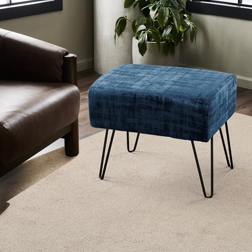 Majolica Blue Fuzzy Velvet Ottoman, 19" Rectangular Foot Rest Stool for Living Room, Small Space Entryway Bench Shoes for Bedroom End of Bed, Decorative Makeup Stool for Adults