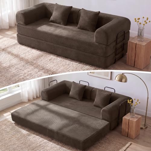 79'' Convertible Sofa Bed, Folding Sleeper Couch with Pull Out Bed, Modular Floor Couch with Cushions, Corduroy Sofa for Apartment Living Room Bedroom Guest Room Use, No Assembly (Brown)