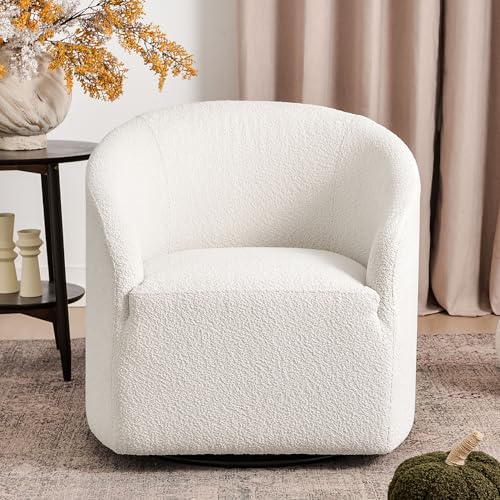 32" Wide Modern Boucle Swivel Barrel Chair, No Assembly Round Upholstered Swivel Accent Armchair for Living Room, Bedroom, Office (White)
