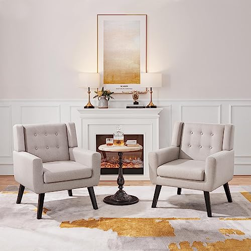 Yaheetech Accent Chairs Set of 2, Living Room Chairs Set, Beige Sofa Chairs, Linen Fabric Reading Chair, Modern Accent Chair for Bedroom Office Reading Nook, Beige
