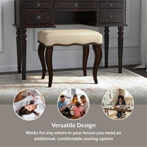Hamilton Wood and Upholstered Backless Vanity Stool for Makeup Room and Bathroom, Burnished Oak