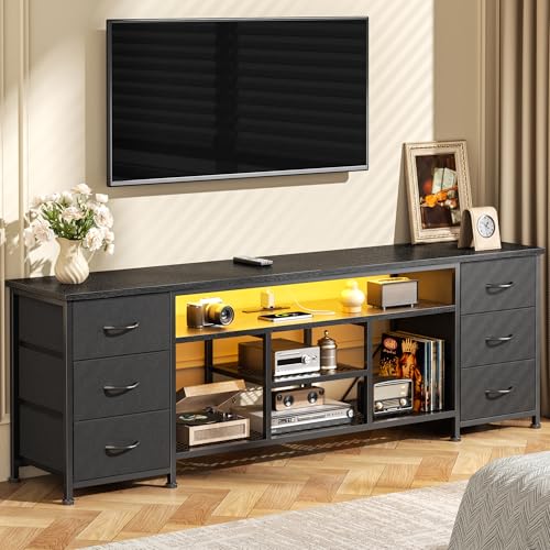 LED TV Stand for 65, 70 Inch TV, 63 Inch Entertainment Center with Power Outlets, 6 Fabric Drawers Dresser for Bedroom, Media Console with Open Shelves, PU Leather Surface, Black