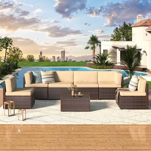 7 Piece Outdoor Patio Furniture Set, PE Rattan Wicker Sofa Set, Outdoor Sectional Furniture Chair Set with Cushions and Tea Table, Brown