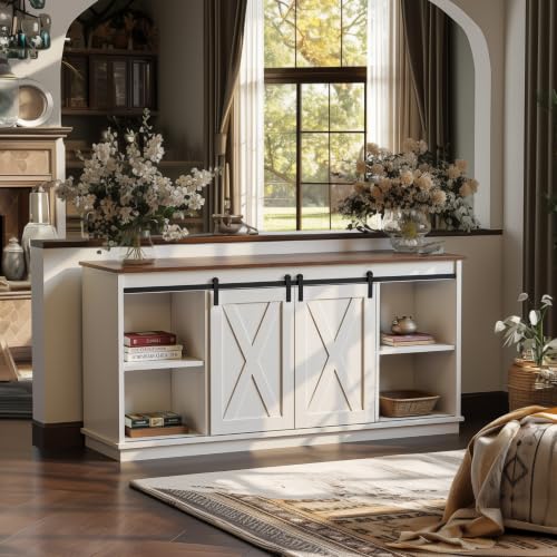 Farmhouse TV Stand 65 Inch, Wooden Entertainment Center, White, view 8