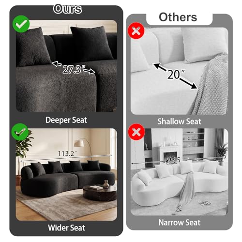 113" Curved Sectional Sofa Modern Cream Cloud Couch Modular Sectional Couches for Living Room Boneless Cloud Sofa Boucle Loveseat Comfy Chenille Deep Seat with 4 Pillows, Black