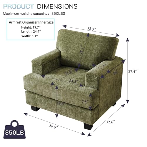 Oversized Accent Chair with Armrest Organizer,Comfy Living Room Chairs with 7.8'' Cushion,Upholstered Mid-Century Armchair,Large Reading Chair for Bedroom Living Room,Office,Chenille,Green