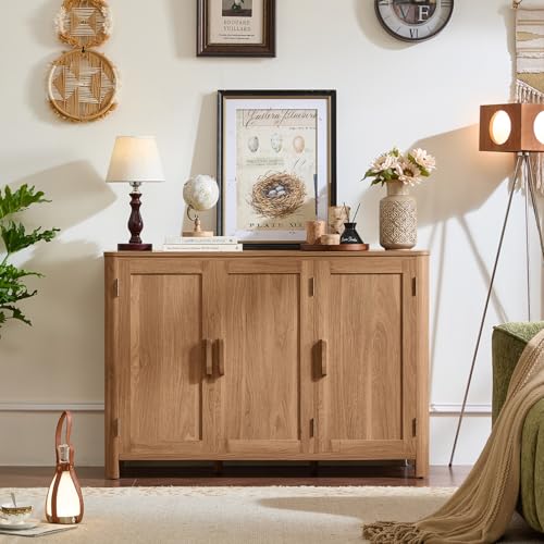 Sideboard Buffet Cabinet with Storage, 46" Arc-Shaped Credenza with 3 Doors & Adjustable Shelves, Mid Century Modern Coffee Bar Cabinet for Kitchen, Living Room, Entryway, Darkwood