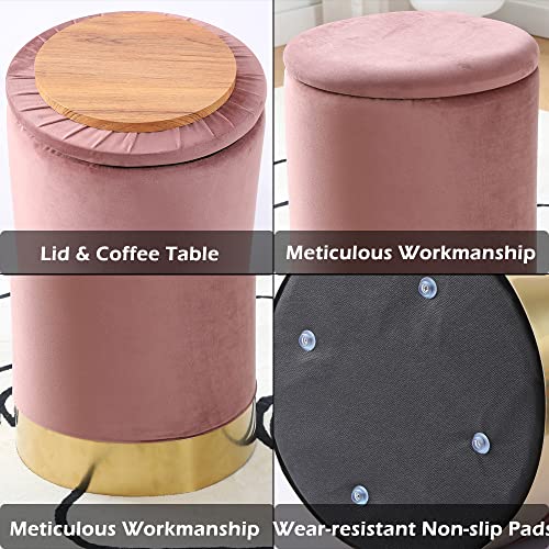 Velvet Storage Ottoman Multipurpose Footrest Stool with Metal Base Modern Round Vanity Stool Chair Ottoman Foot Stools Support 300 lbs Padded Seat for Living Room (Dusty Rose (Velvet))