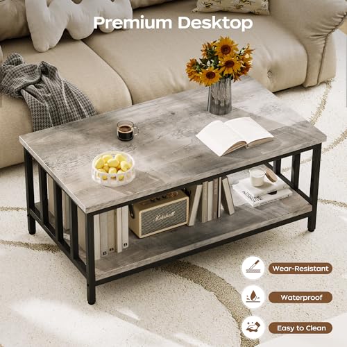 Coffee Table for Living Room with Slatted Sides Frame, Modern Farmhouse Living Room Table with 2-Tier Storage Shelf for Home Office, Apartment, Grey Wash, 39 inch