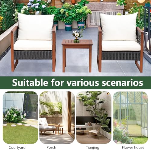 PayLessHere 3-Piece Outdoor Patio Furniture Set Modern Rattan Bistro Conversation Set with Acacia Wood Frame, Coffee Table, and Water-Resistant Cushions for Balcony, Garden, or Backyard (Khaki)