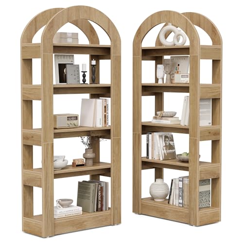 5-Tier Bookshelf, Arch-Shaped Racks, Tall Standing Wooden Bookcase Display Shelf Modern Storage Solution (2, Teak Color)