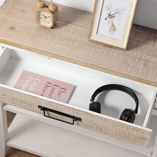 Farmhouse Console Table with Drawer, 3-Tier Rustic Entryway Table with Open Storage Shelves and Handmade Metal Handle, Narrow Foyer Sofa Table for Living Room, Entryway, Hallway (Washed White)