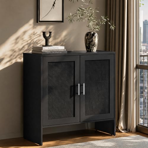 DHZ Buffet Cabinet with Storage, Farmhouse Sideboard with Black Rattan Doors & Adjustable Shelf, 31.5" Narrow Coffee Bar Cabinet, Kitchen Storage Credenza, Entryway Accent Liquor Cabinet