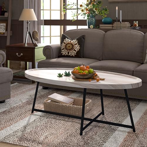 Modern Coffee Table, Oval Wood Coffee Tables Center Table with Metal Leg for Living Room, 47 Inch Living Room Table Accent Furniture (Oval Coffee Table, Nature)