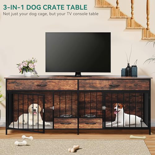 74.8" Double Dog Crate Furniture with Dog Feeder & Drawers, view 8