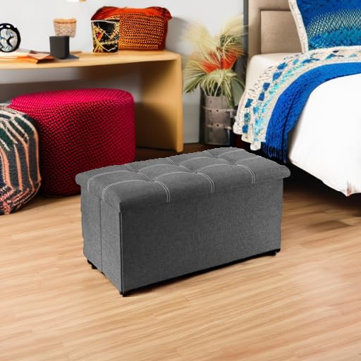 30 Inch Storage Ottoman, Folding Ottoman with Storage, Linen Storage Bench Supports Up to 350 lbs, Footrest Seat for Living Room, Bedroom, Gray
