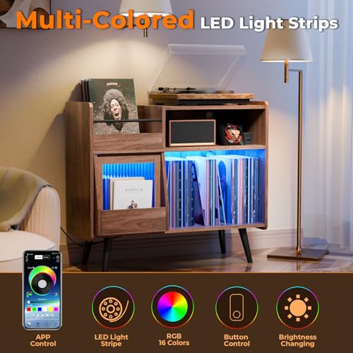 Large Record Player Stand,Turntable Stand Shelf w/Power Outlet & LED Light, view 7