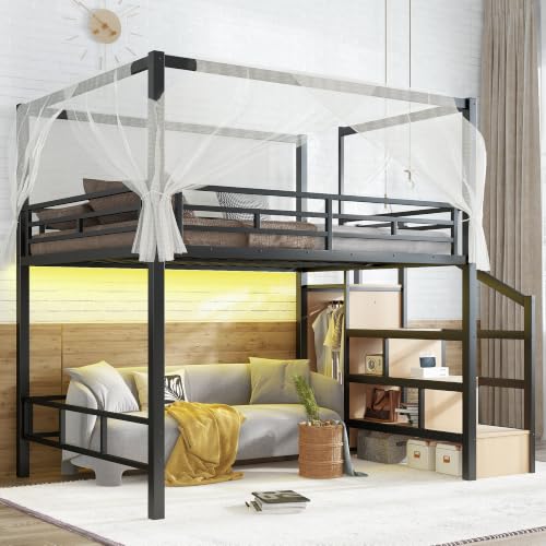 Metal Loft Bed Queen with Storage Stairs and Wardrobe, Black, view 2