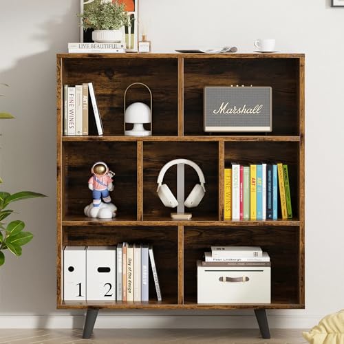 7 Cube Bookshelf, 3 Tier Mid-Century Modern Bookcase with Legs, Wooden Bookshelf Storage Organizer Display Bookcase for Bedroom, Living Room, Office, Rustic Brown