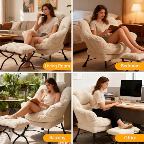 Oversized Lazy Chair with Ottoman for Adults, Chair and Ottoman Set Modern Skinny Lounge Chair with Footrest, Wide Reading Chair for Living Room, Comfy Accent Armchair for Small Spaces, White
