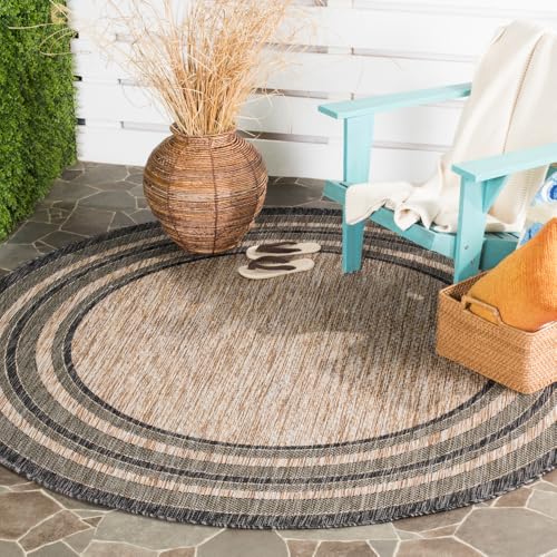 SAFAVIEH Courtyard Collection 6'7'' Round Natural / Black CY8475 Indoor/ Outdoor Patio Backyard Mudroom Area Rug
