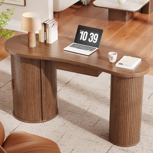 59 Inches Fluted Office Desk with Storge, Bean-Shaped Computer Desk with Drawer, Mid-Century Modern Curved Corner Desk with Sliding Door for Work and Study,Walnut