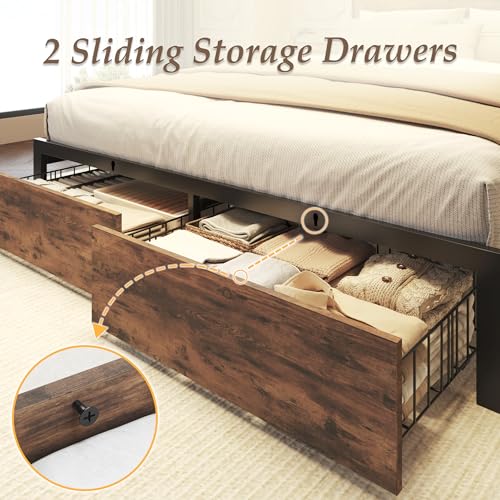Rustic Brown Metal Bed Frame with Storage and Charging Station, view 7
