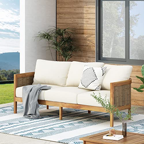 76.5" Outdoor Acacia Wood Wicker 3 Seater Sofa, view 2