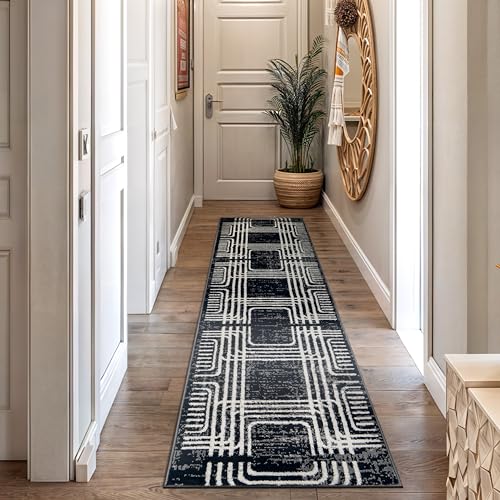 Black and White Geometric Area Rug – Abstract Curved Line and Square Pattern Carpet for Living Room, Bedroom, or Office – Contemporary Soft Floor Décor 2' 3" x 8' Runner Black