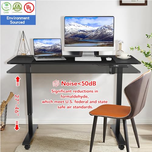 Electric Standing Desk, 55x24in Adjustable Height Computer Desk with Wheels, Sit-Stand Desk with Charging Station, 2 USB Ports, 3 Power Outlets, Spacious Workstation for Home Office(Black)