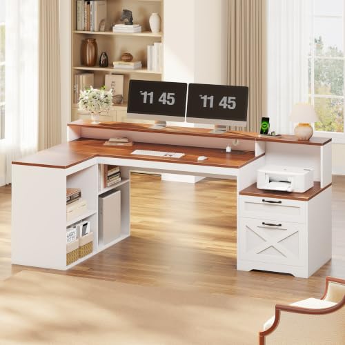 59" Farmhouse L Shaped Desk with Drawers and Printer Stand, view 8