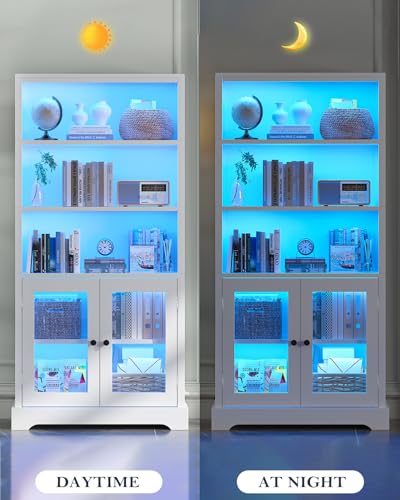 5-Tier Bookshelf, 65" Bookshelf with Multi-Color Ambient Lights (APP Remote Control), Tall Vertical Display Shelf with Cabinet Doors, Suitable for Living Room, Bedroom, Study, Office, White
