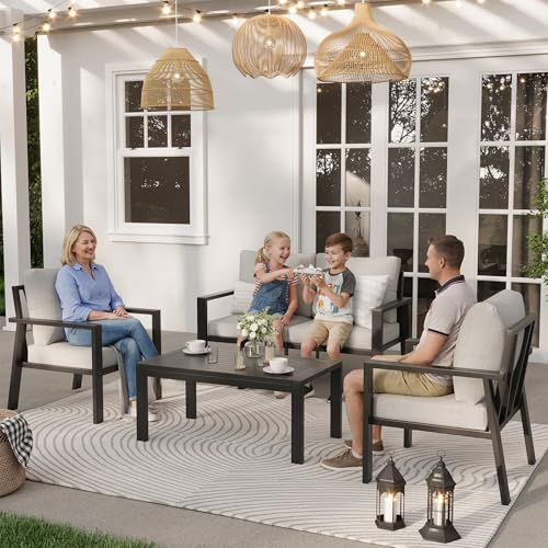 Aluminum Patio Furniture Sets Metal Outdoor Furniture Set with Cushion All-Weather Sectional Sofa with Coffee Table for for Backyard, Garden and Poolside Easy Assembly(Beige)
