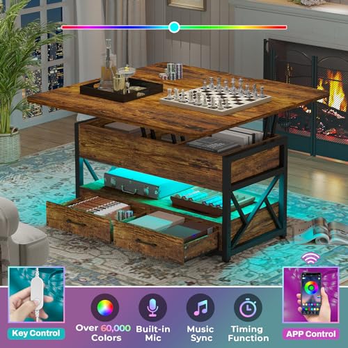 40" Lift Top Coffee Table, 4 in 1 Coffee Tables with Storage for Living Room, Small Farmhouse Coffee Table with 2 Drawers & LED Light for Dining Reception Room, Rustic Brown