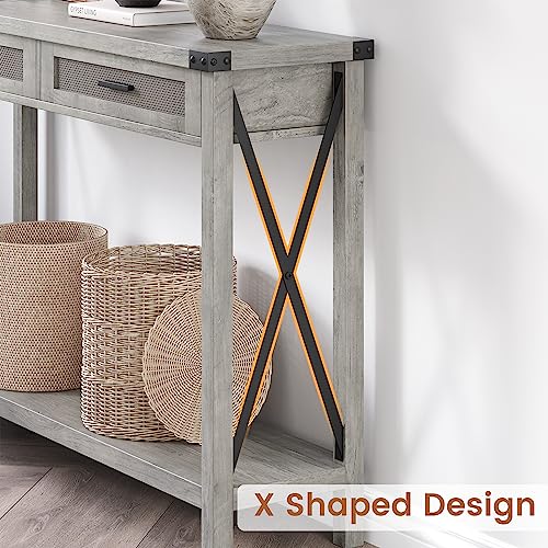 Farmhouse Entryway Table, Grey Console Table with Rattan Drawers, 43" Sofa Table with Storage, Console Tables for Entryway, Living Room, Hallway, Foyer-Grey