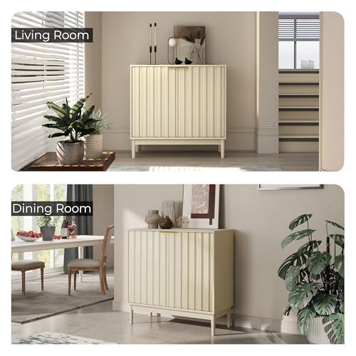 Fluted Cabinet with Storage, Buffet Cabinet Sideboard with 2 Doors, Beige Buffet Storage Accent Cabinets with Adjustable Shelves for Living Room, Entry, Hallway, Kitchen