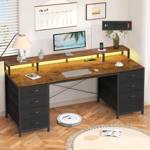 60 Inch Computer Desk with 8 Fabric Drawers, Gaming Desk with LED Lights & Power Outlets, Home Office Desk with Monitor Stand, Rustic Brown