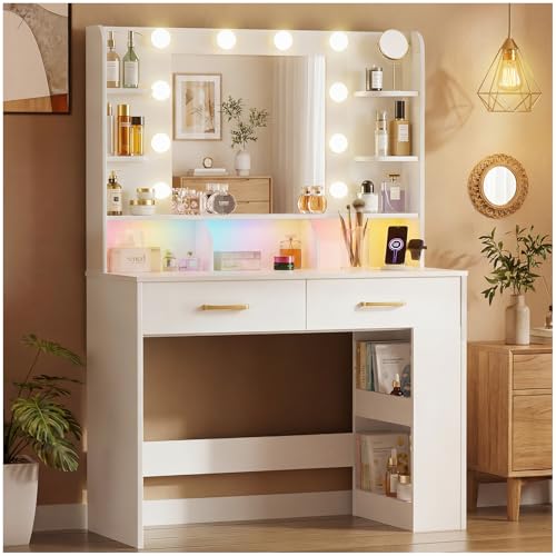 Vanity Desk with LED Lights Mirror & Charging Station, view 2