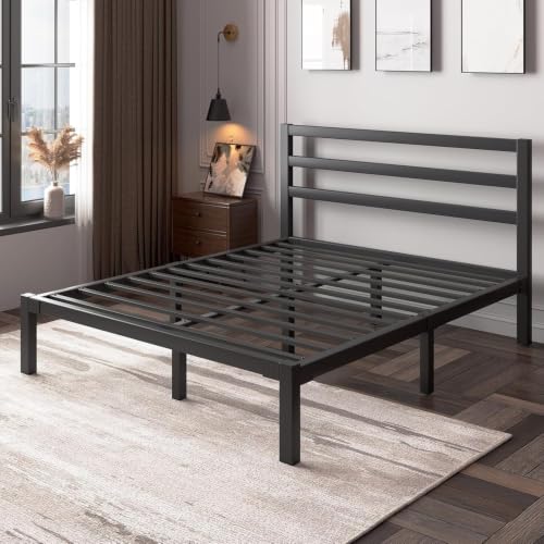 Full Size Metal Bed Frame with Headboard, Metal Slats, Black, view 8